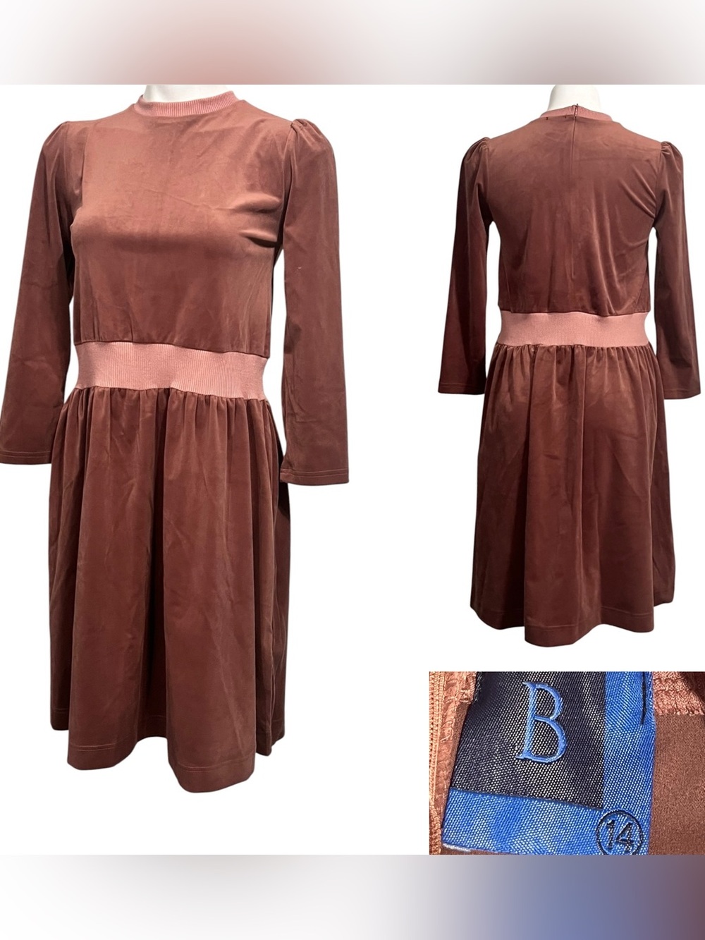 Bobeau dress 14 Brown Velvet Long-Sleeve stretch Waist knee length fall casual
